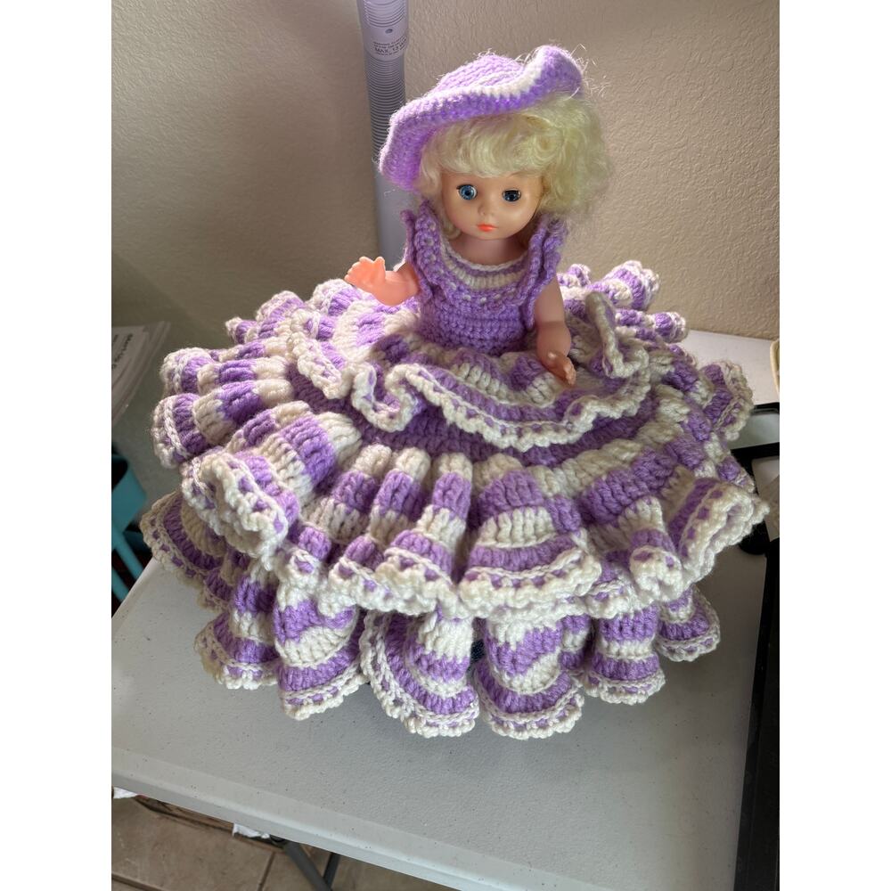 Vtg Crochet Bed Pillow Doll 16'' Purple & White Trim  Blonde Blue Eyes